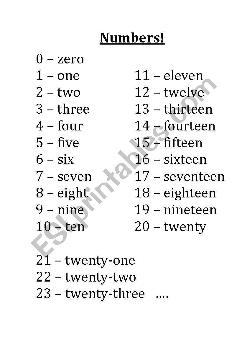 English Worksheets Numbers Spelled Out