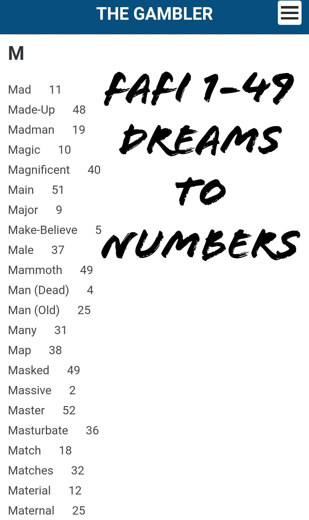 Fafi 1 49 Lucky Numbers Dream Guide For Dreams With M In 2021 Dream 