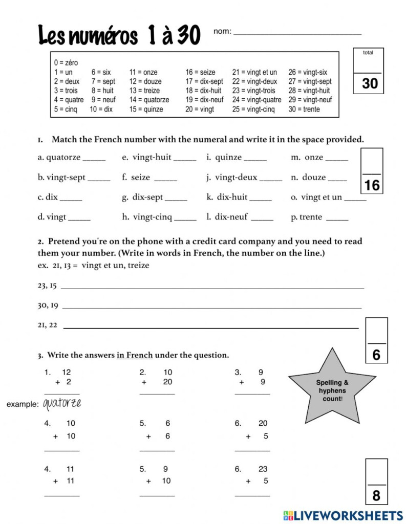 French Numbers 1 30 Worksheet