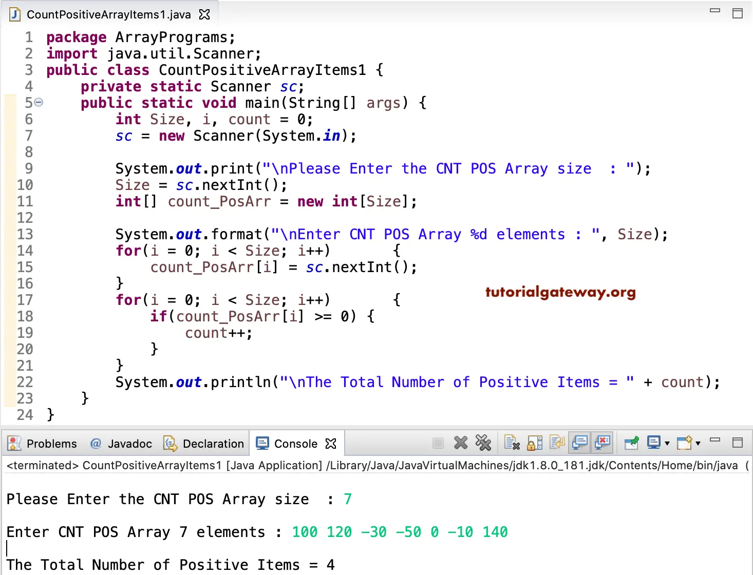 Java Program To Count Positive Array Numbers