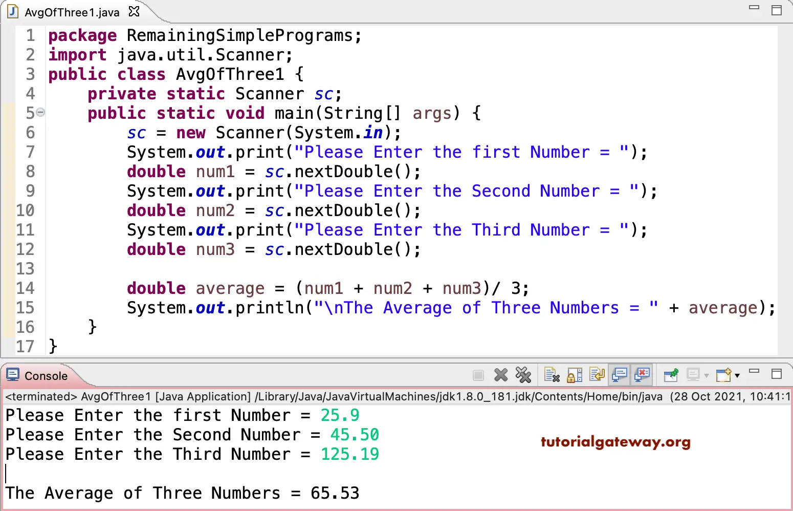 Java Program To Find The Average Of Three Numbers