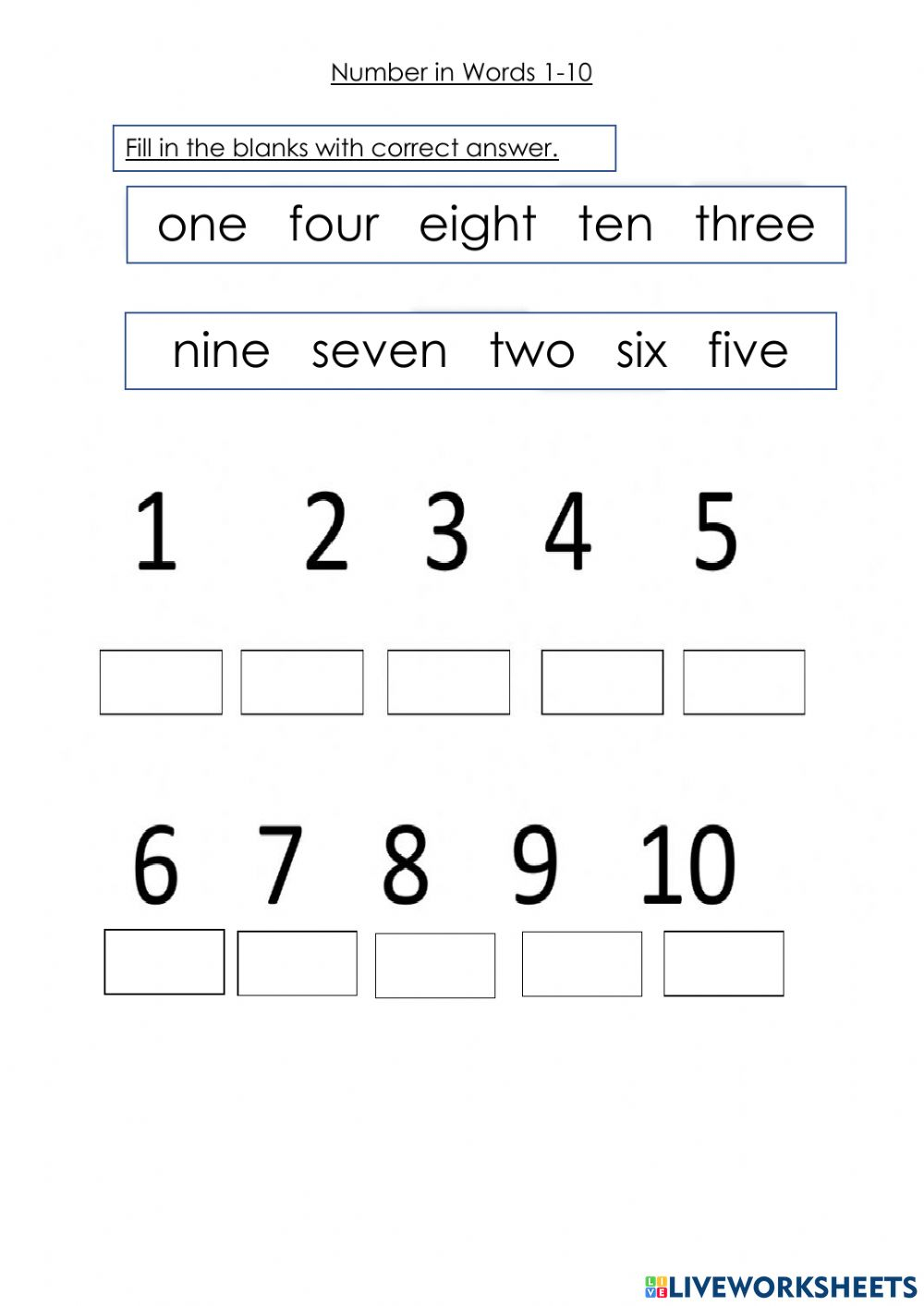 Number In Words 1 10 Worksheet