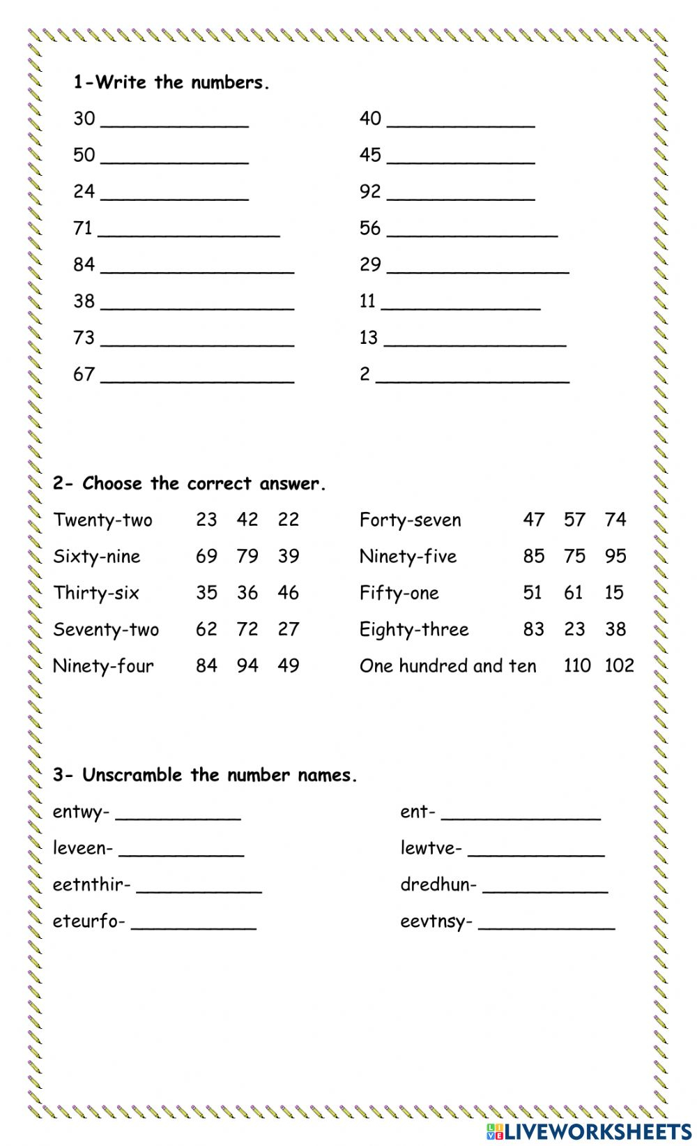 Number Names 1 100 Worksheet