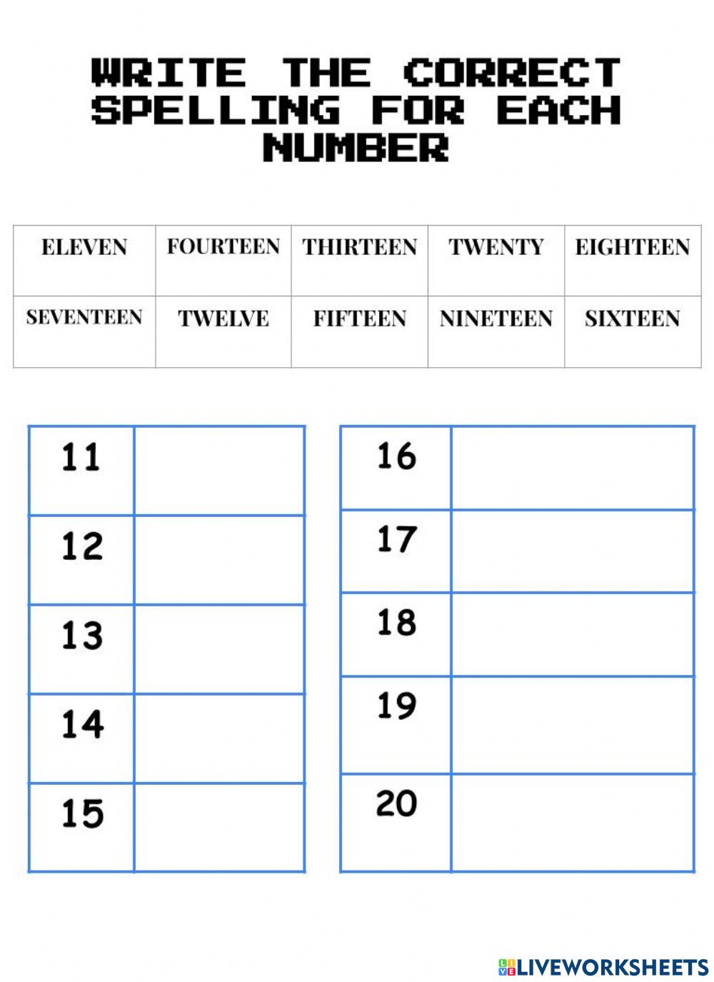 Spelling Number 11 20 Worksheet