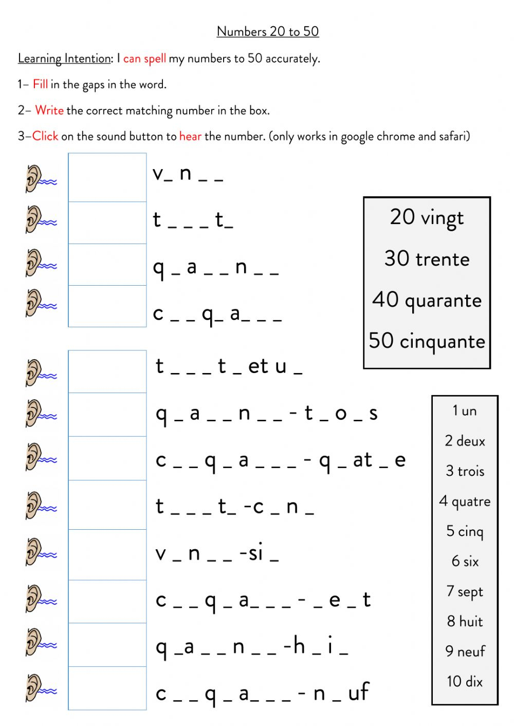 Spelling Numbers 20 To 50 Worksheet