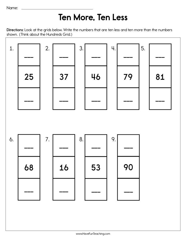 Ten More Ten Less Worksheet In 2020 Have Fun Teaching Worksheets