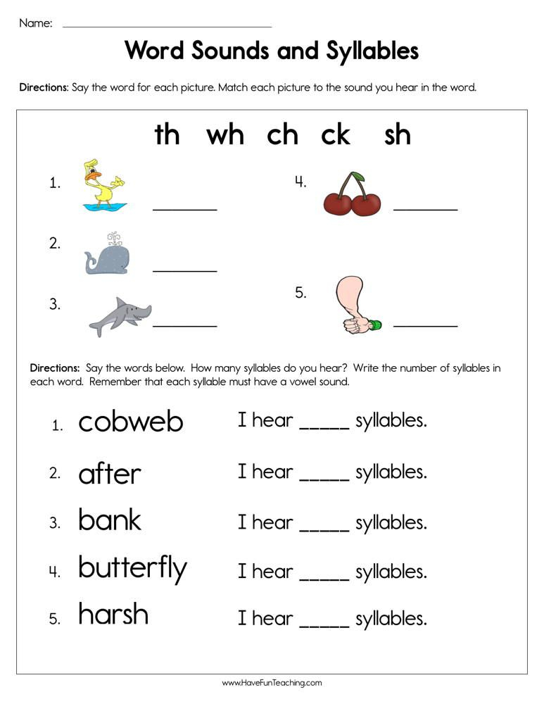 Word Sounds And Syllables Worksheet Kindergarten Worksheets Printable 