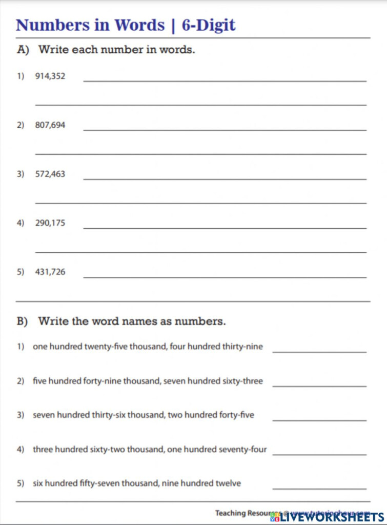 Writing Numbers In Words And In Figures Worksheet