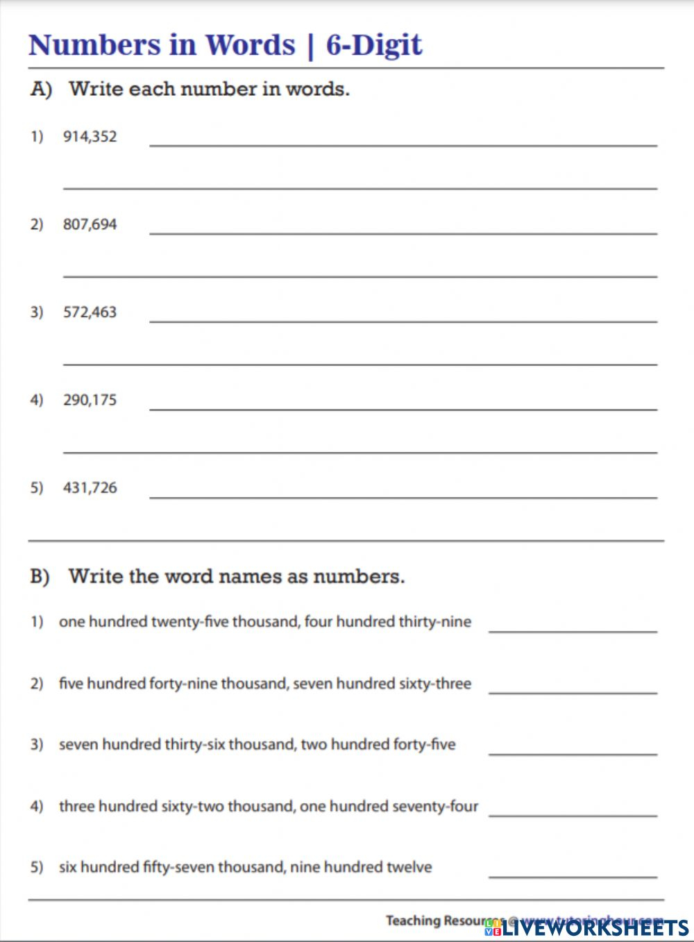 Writing Numbers In Words And In Figures Worksheet